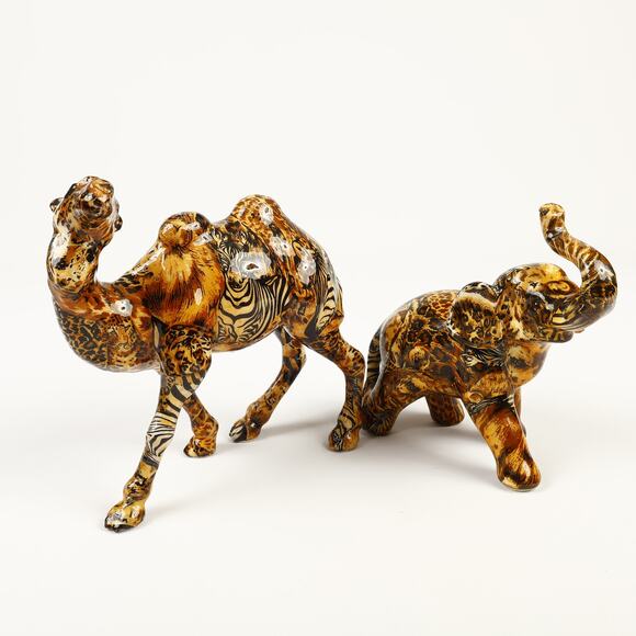Vintage Collage La Vie Safari DéCoupage Patchwork Camel Elephant 9'' Figurines - Picture 1 of 13